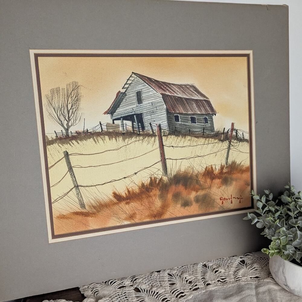 Vintage Rustic Farmhouse Barn Landscape Ink & Watercolor Art Matted Wall Decor